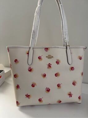 Coach White Tote with Pink and Gold Floral Accents